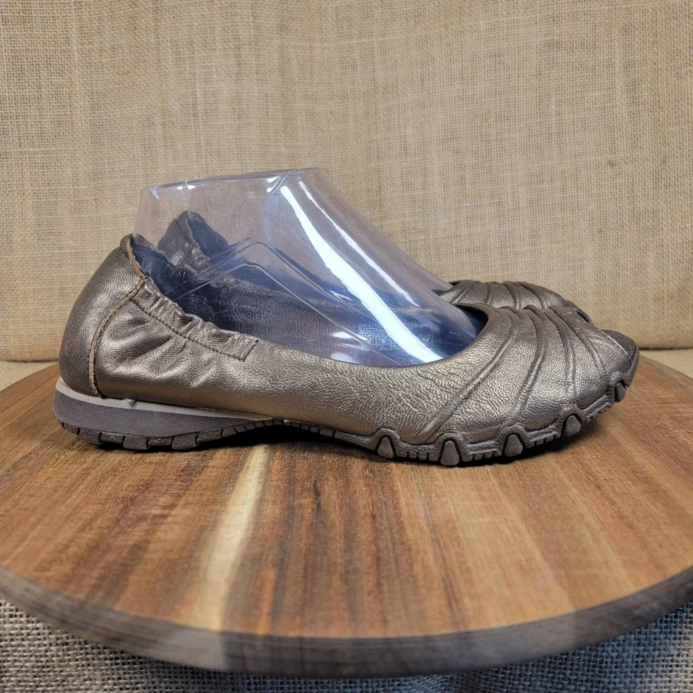 Skechers Originals Bikers Flats Leather Peep Toe Bronze Slip On Shoes Women's 9